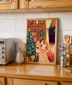 Cozy Christmas scene with tree, gifts, and a child by the window