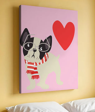 Ilustración juguetona de un bulldog francés con gafas y bufanda sobre fondo rosa con corazón