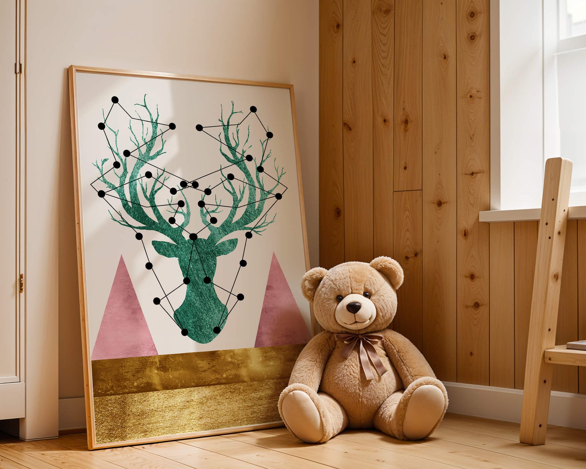 Geometric Deer with Abstract Elements and Gold Accents