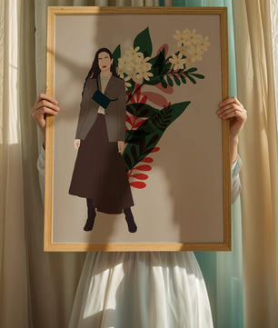 Elegant woman illustration with floral background in earthy tones