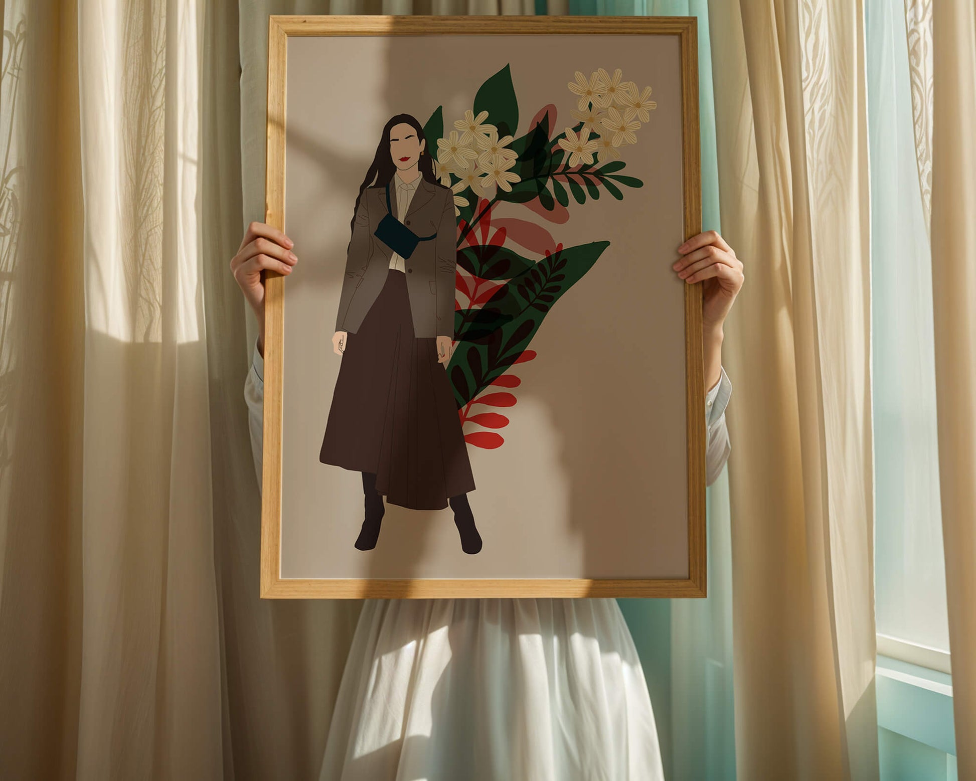 Elegant woman illustration with floral background in earthy tones