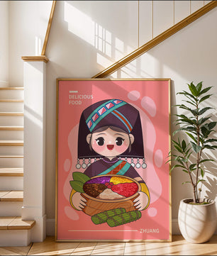 Personnage de dessin animé charmant en tenue traditionnelle tenant un panier de nourriture coloré