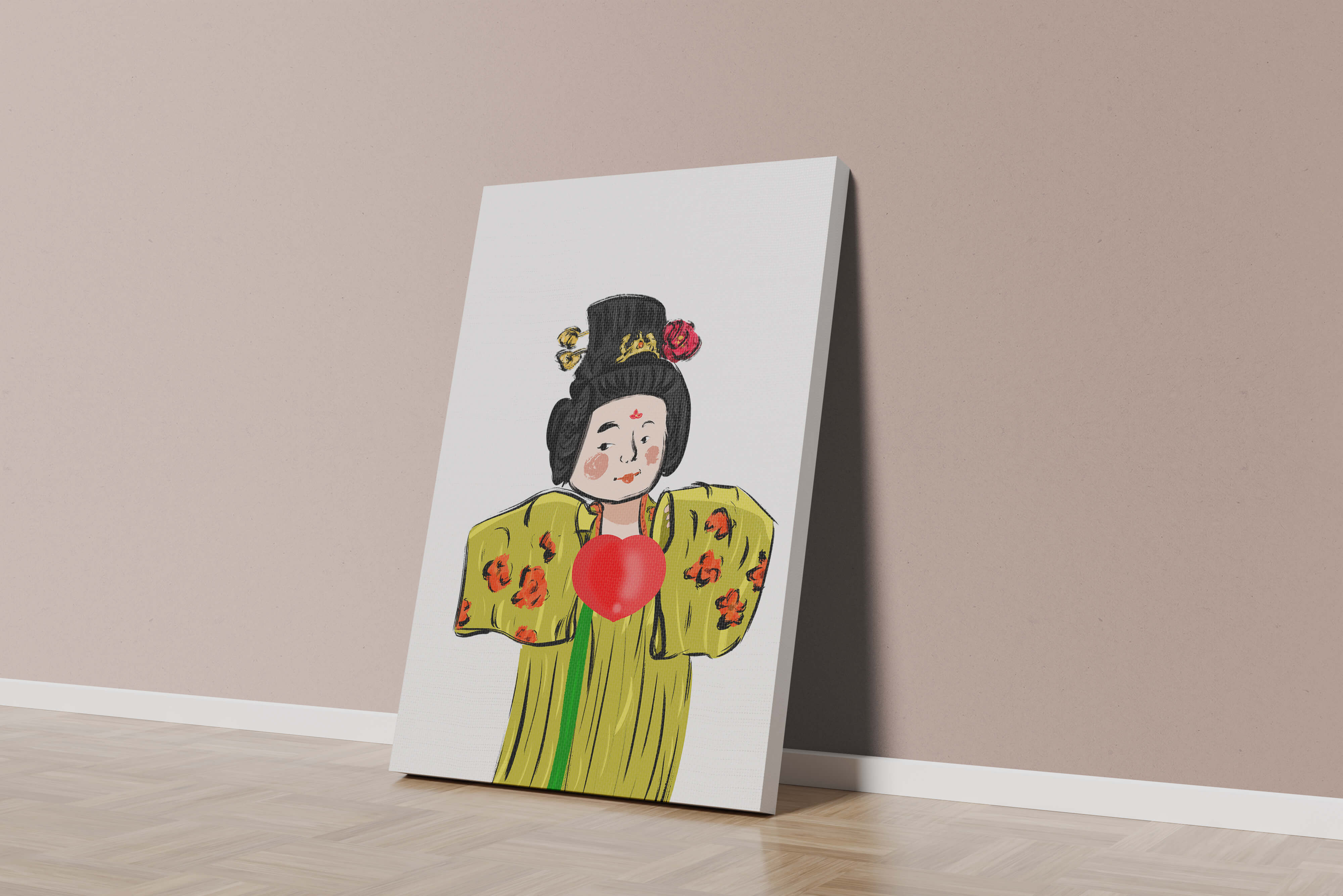 Illustration of a traditional figure in vibrant attire with a heart symbol