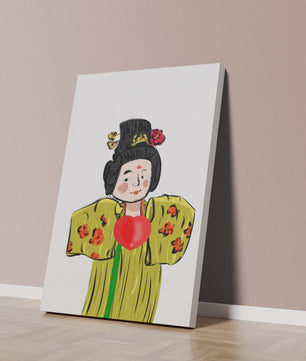 Ilustración de una figura tradicional con atuendo vibrante y un símbolo de corazón
