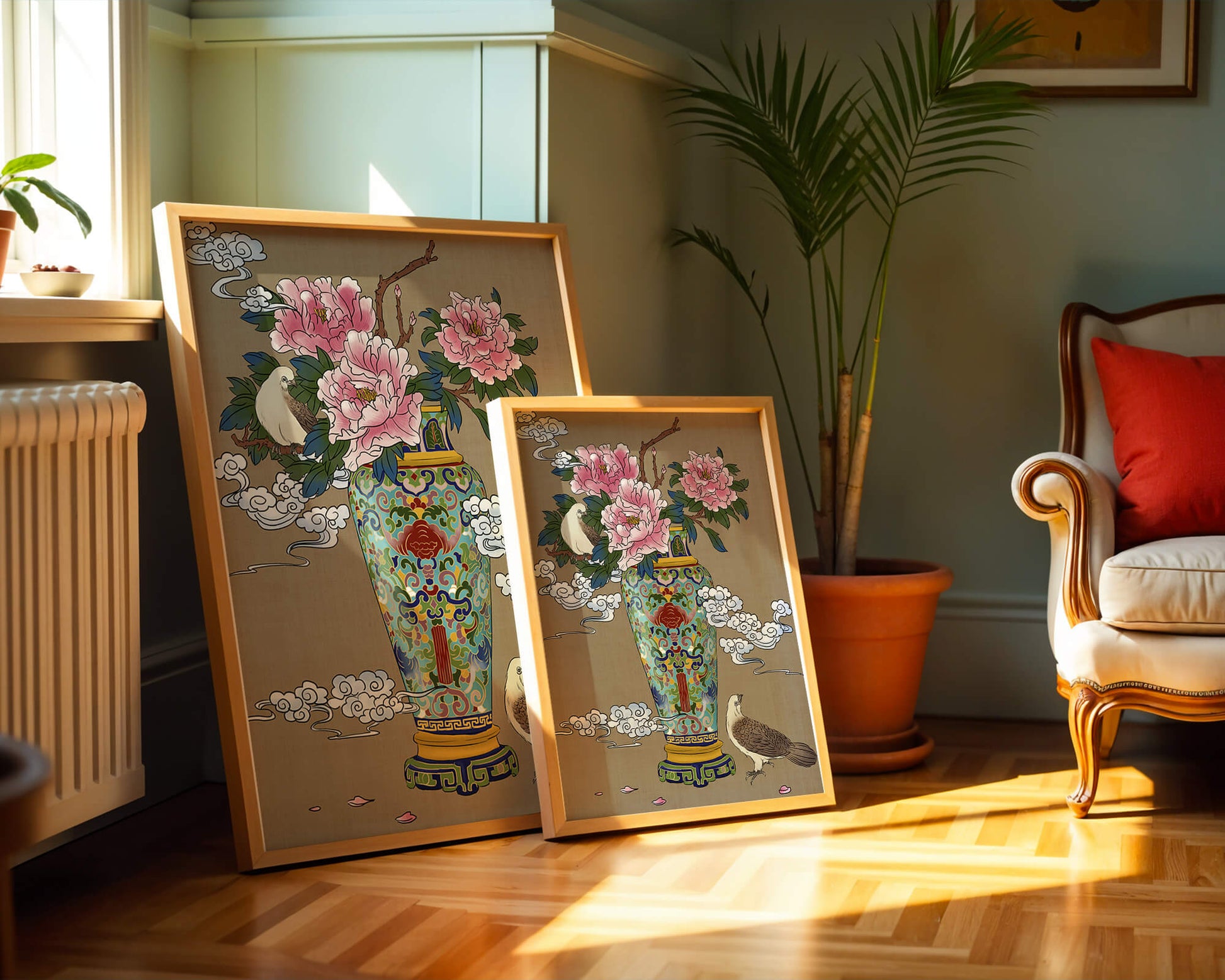 Elegant Asian Style Vase with Peonies and Birds