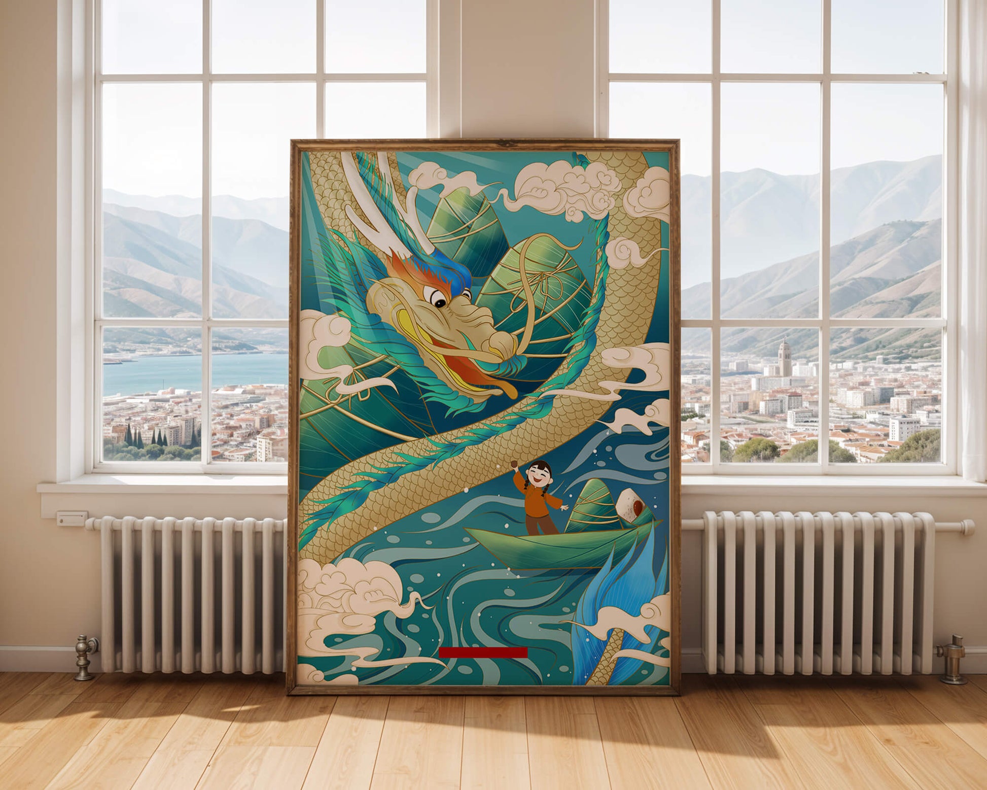 Colorful dragon and child illustration with vibrant waves and clouds