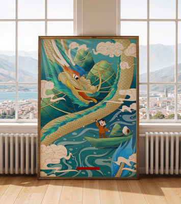 Colorful dragon and child illustration with vibrant waves and clouds