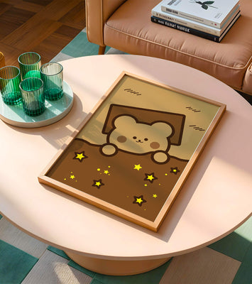 Adorable bear peeking out from a blanket with stars illustration