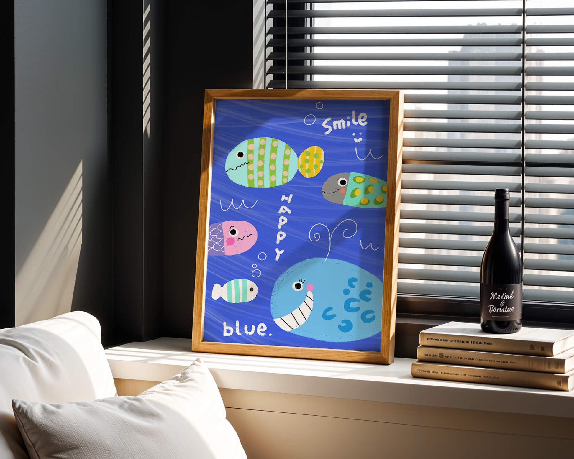 Colorful underwater scene with smiling cartoon fish