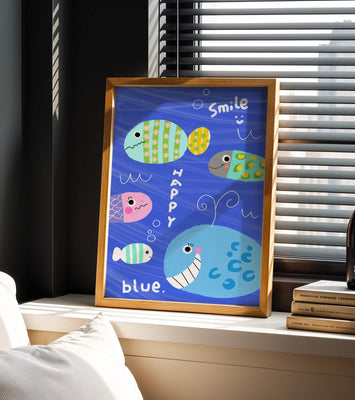 Colorful underwater scene with smiling cartoon fish