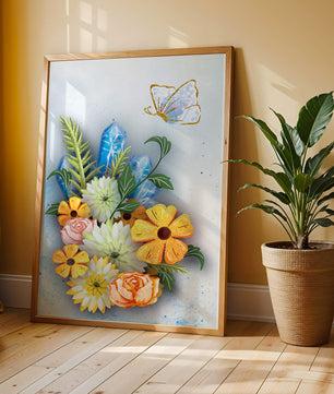 Floral and crystal arrangement with golden butterfly