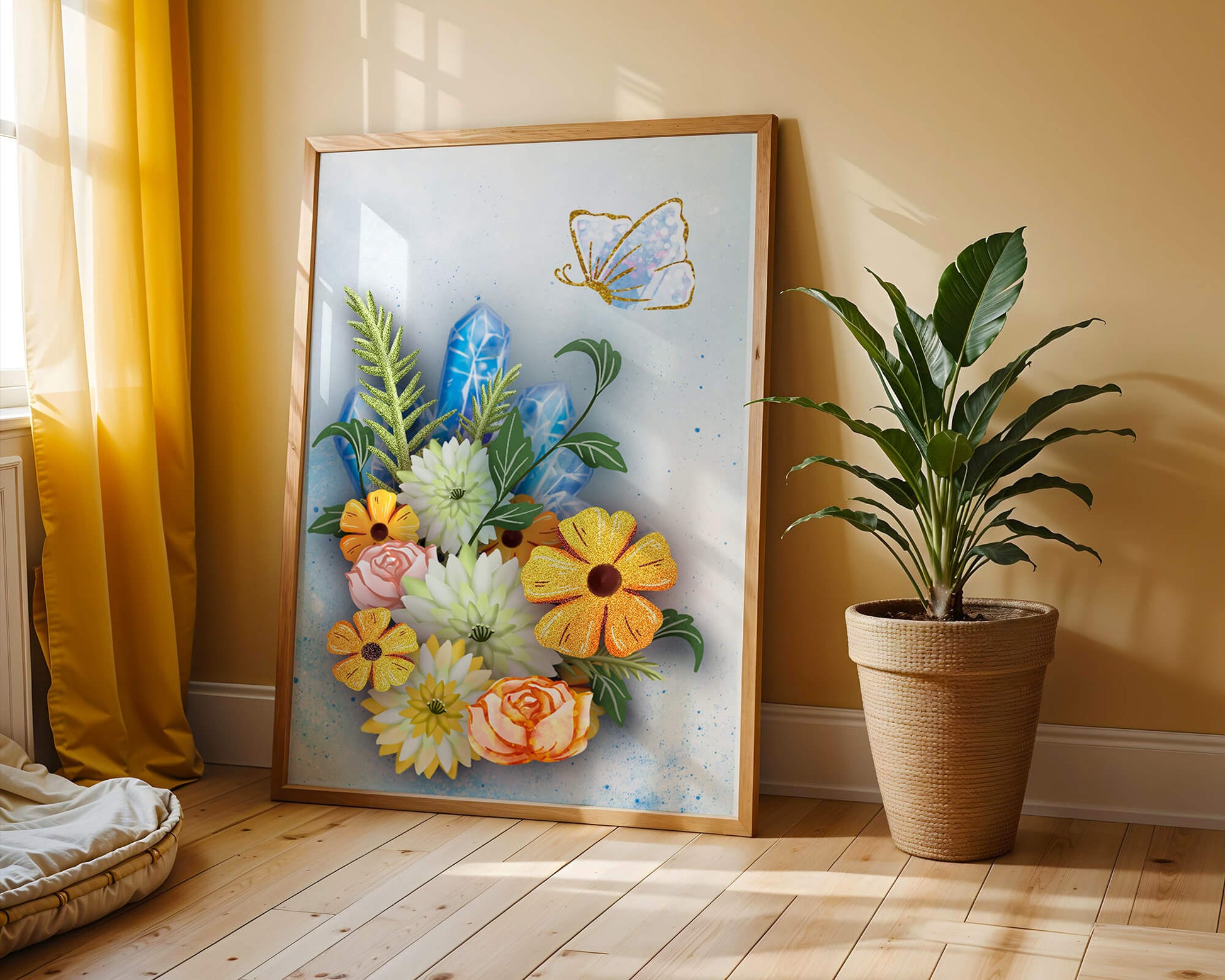 Floral and crystal arrangement with golden butterfly