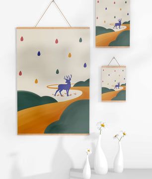 Colorful abstract deer illustration within a serene landscape