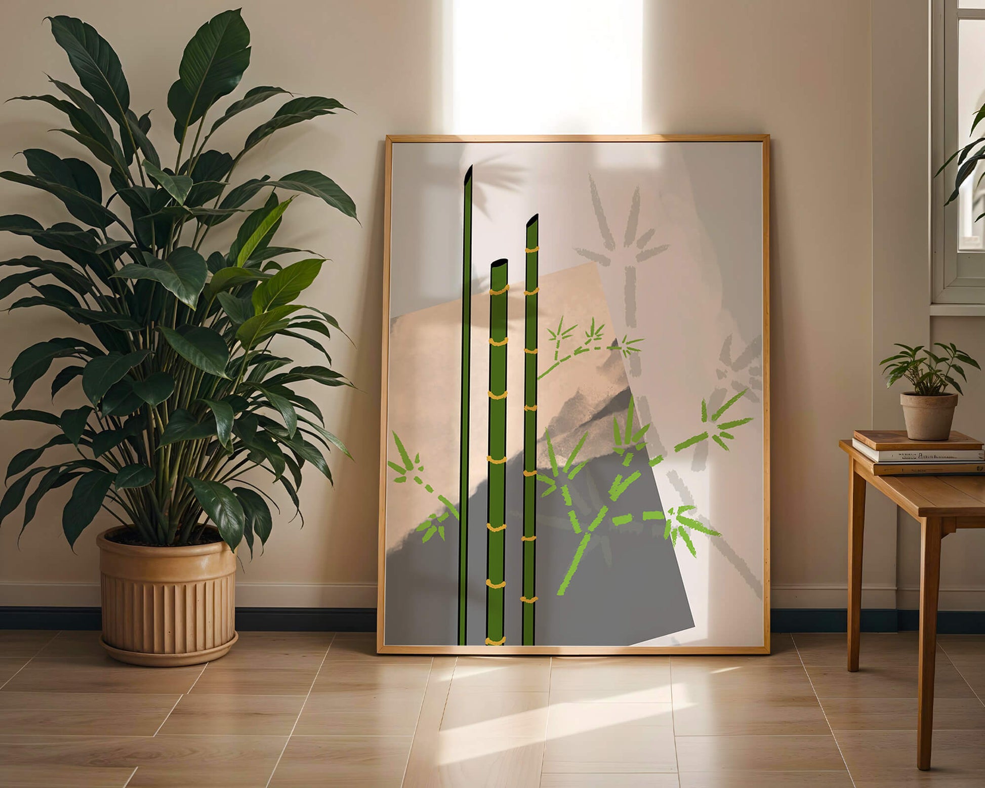 Arte minimalista de bambú con sombras abstractas de bambú