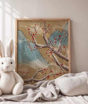 Traditional Japanese landscape with blooming cherry branches
