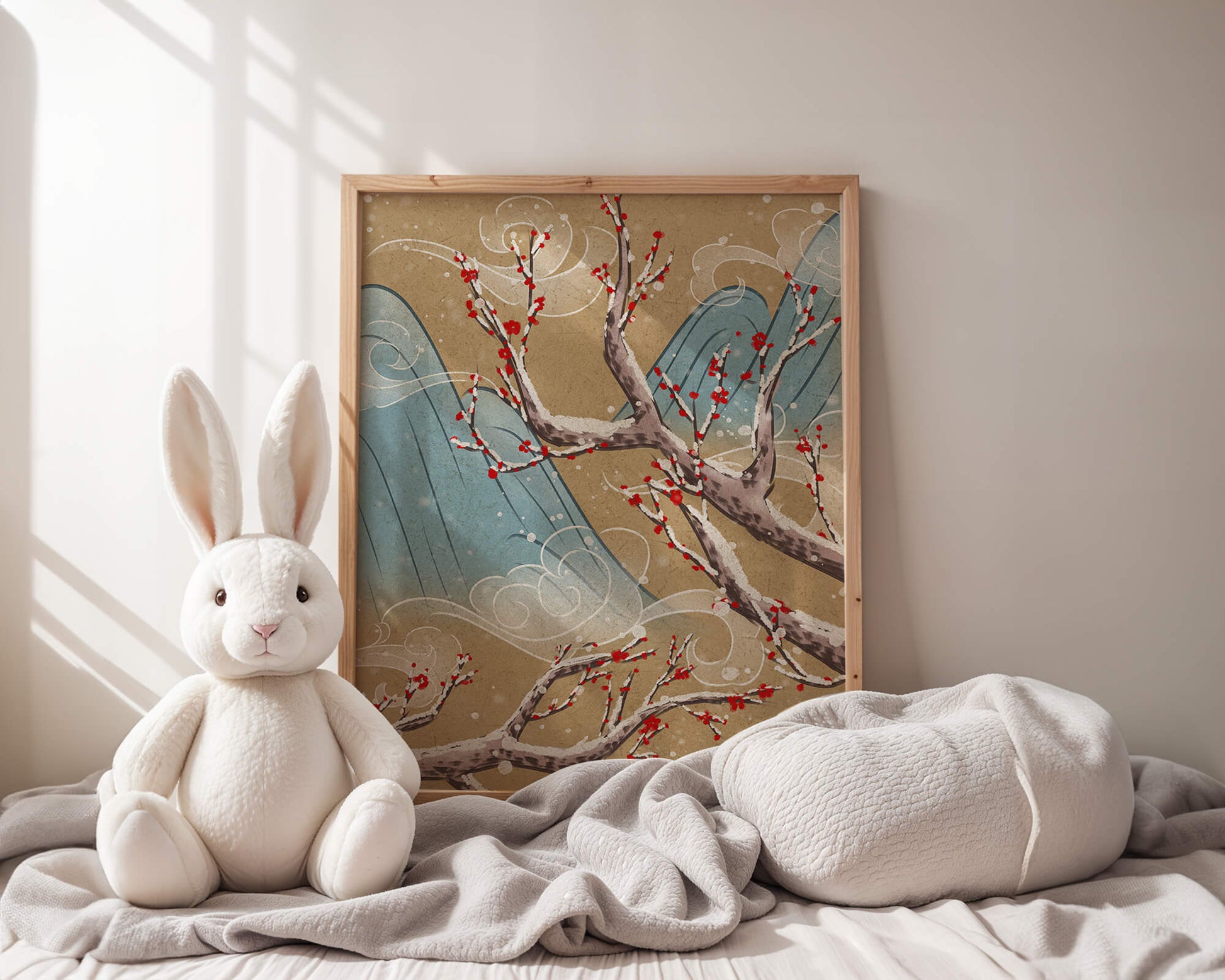 Traditional Japanese landscape with blooming cherry branches