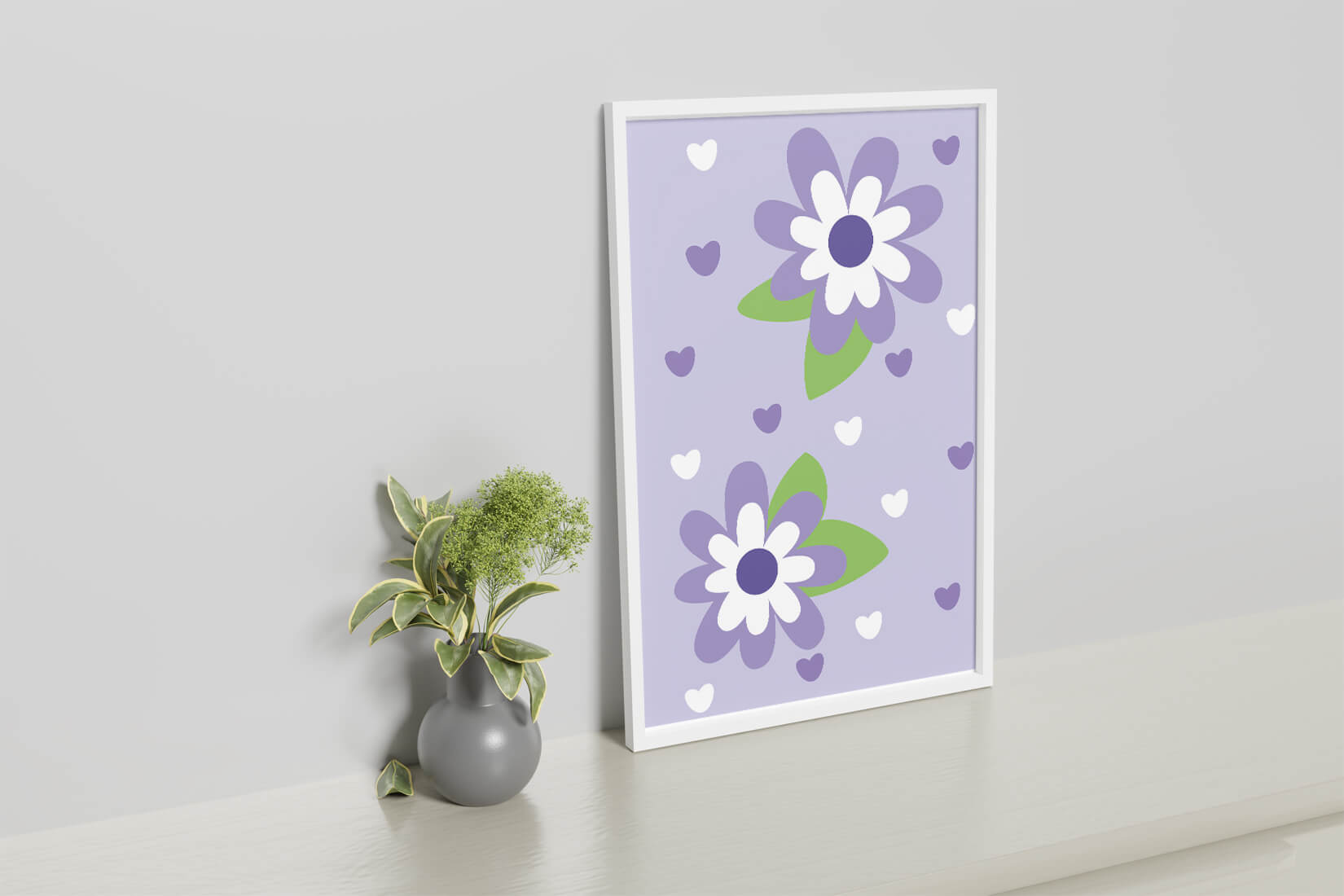 Elegant purple floral pattern with green leaves and heart accents