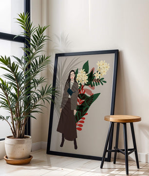 Elegant woman illustration with floral background in earthy tones