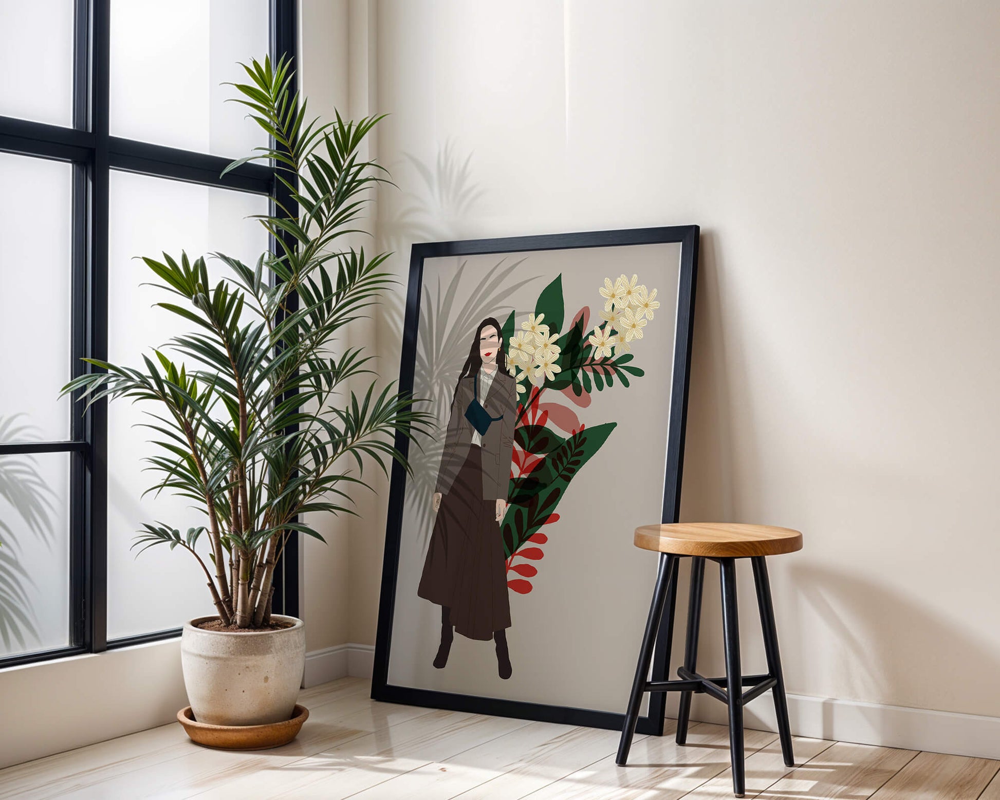 Elegant woman illustration with floral background in earthy tones