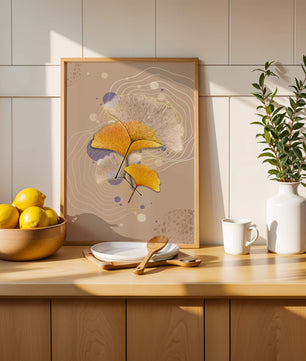 Elegante Blätter des Ginkgo mit abstrakten wellenförmigen und kreisförmigen Elementen
