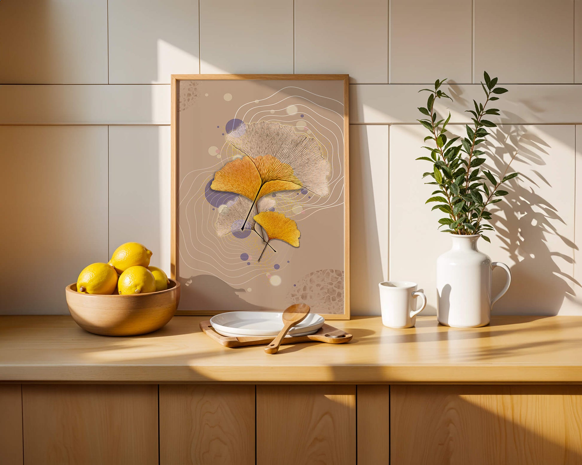 Elegant ginkgo leaves with abstract wavy and circular elements