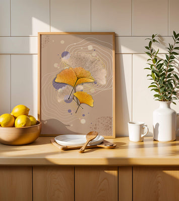 Elegant ginkgo leaves with abstract wavy and circular elements