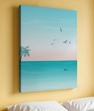 Serene Beach Landscape with Palm Trees and Seagulls at Sunset