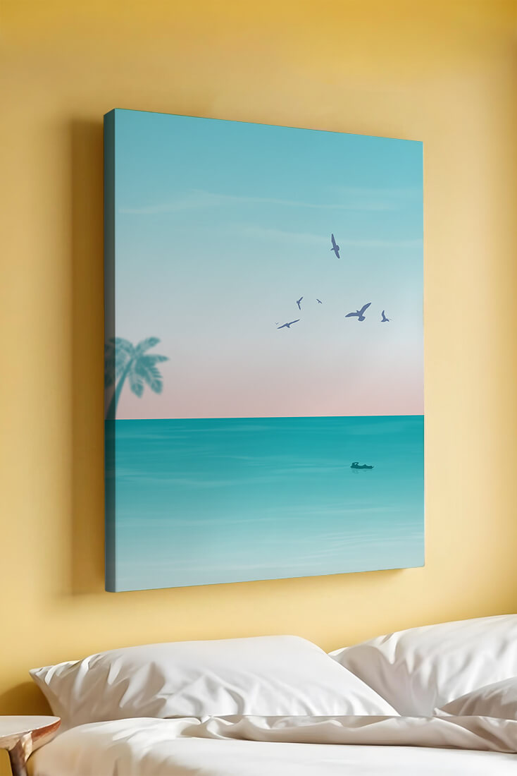 Serene Beach Landscape with Palm Trees and Seagulls at Sunset