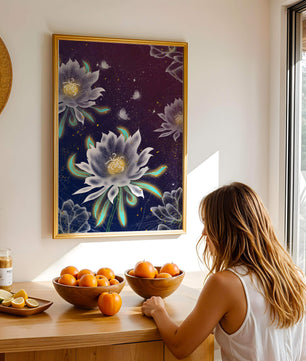 Lotus Flowers and Butterflies in a Starry Night Sky with Gold Accents - Mi tienda