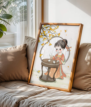 Charmante illustration d'une fille en tenue traditionnelle avec des feuilles de ginkgo