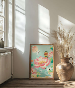 Paysage serein avec des fleurs de lotus et une pagode traditionnelle