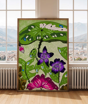 Bunte Blumenillustration mit exotischen Blumen und Blättern