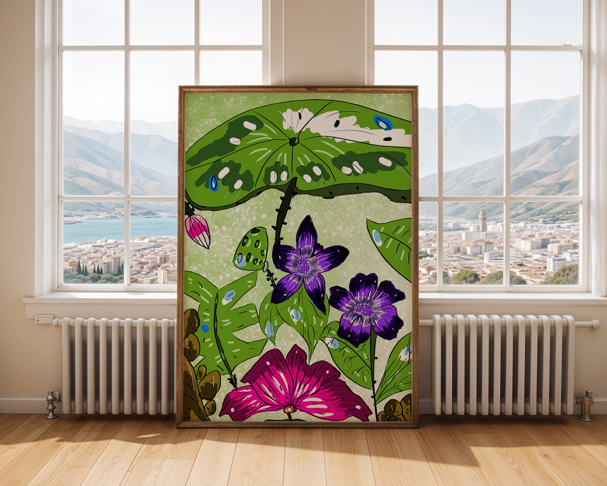 Bunte Blumenillustration mit exotischen Blumen und Blättern