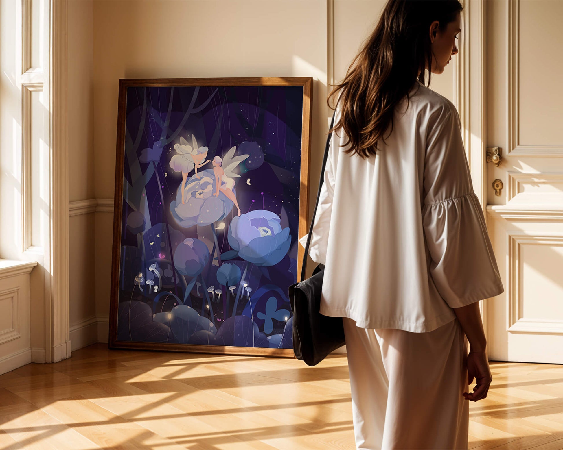 La forêt enchantée avec des fées et des fleurs lumineuses la nuit