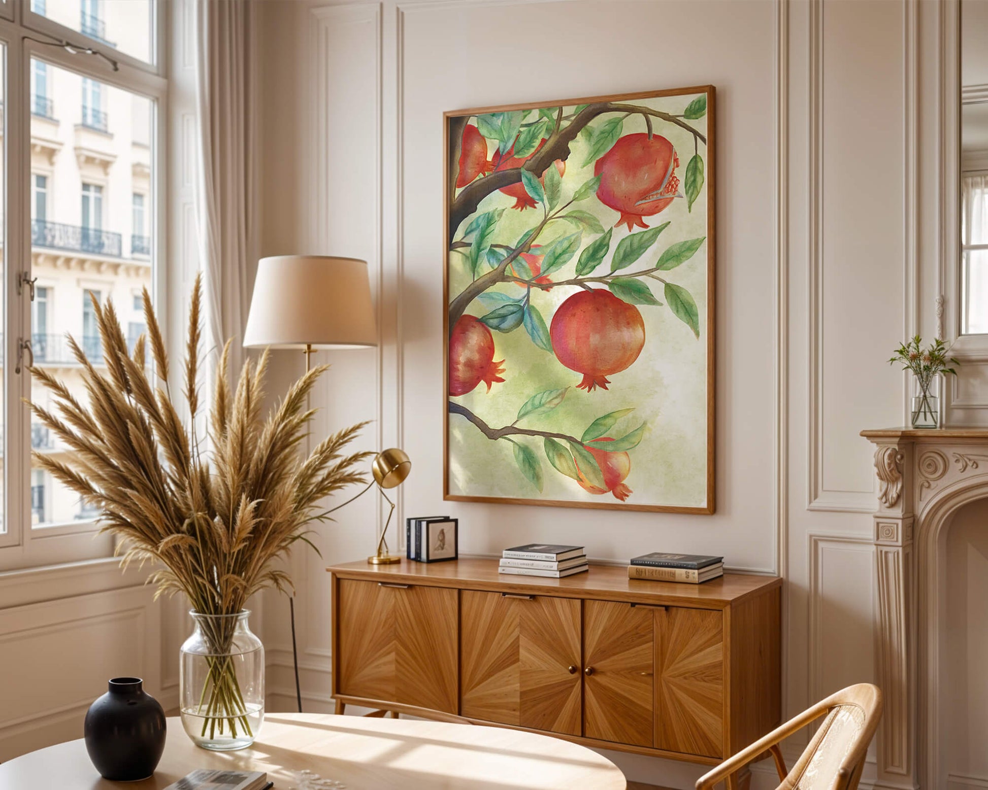 Watercolor Pomegranate Tree Branch with Fruits and Leaves