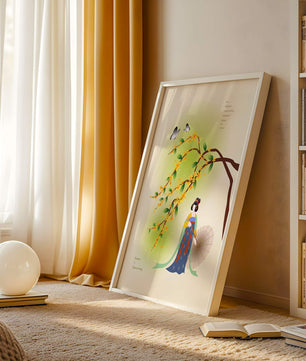 Traditional Chinese painting featuring a woman with flowers and butterflies