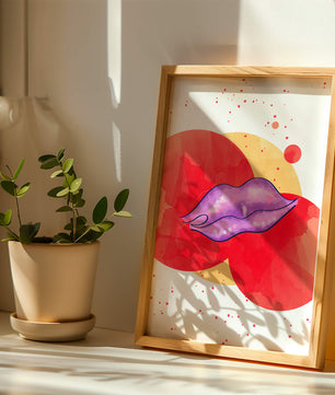 Vibrant Abstract Artwork Featuring Purple Lips on Watercolor Background