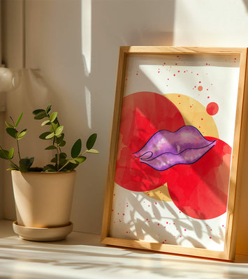 Vibrant Abstract Artwork Featuring Purple Lips on Watercolor Background