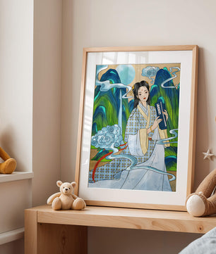 Retrato de una mujer con vestido tradicional, montañas y nubes
