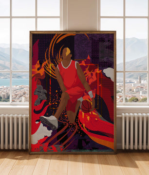 Ilustración dinámica de un jugador de baloncesto en movimiento con patrones abstractos