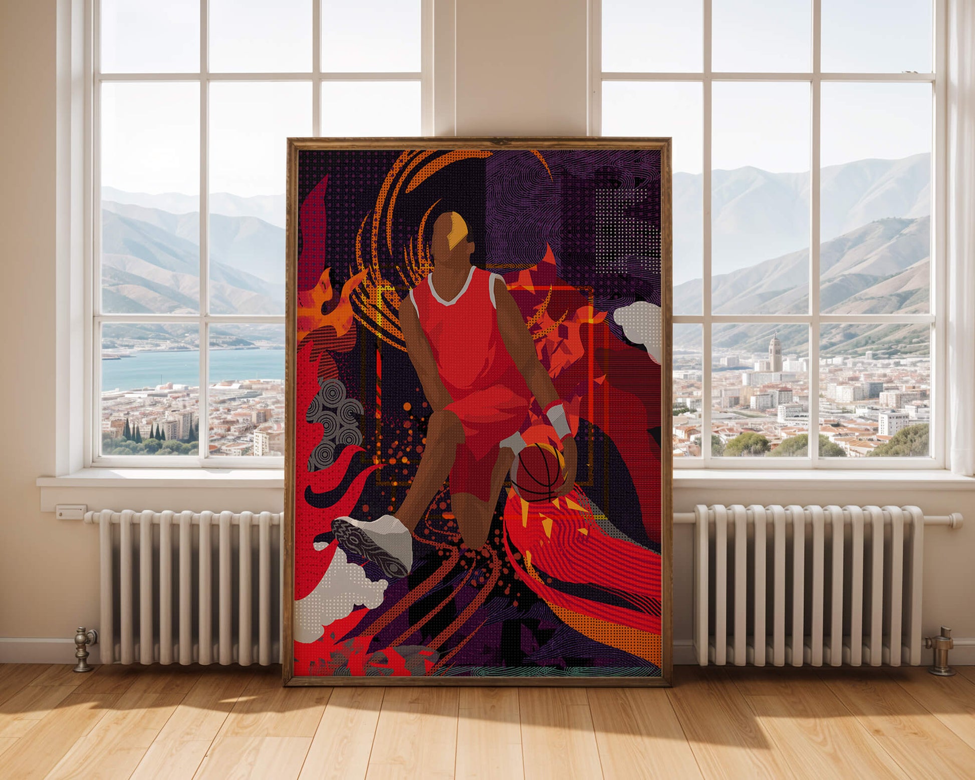 Dynamic illustration of a basketball player in motion with abstract patterns