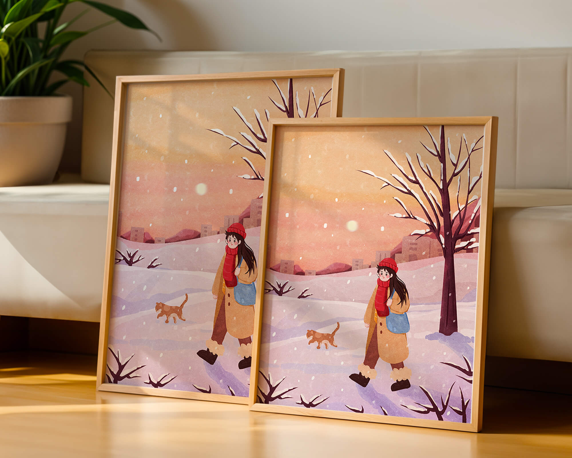 Winter sunset walk with a girl and dog in snowy landscape