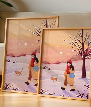 Winter sunset walk with a girl and dog in snowy landscape