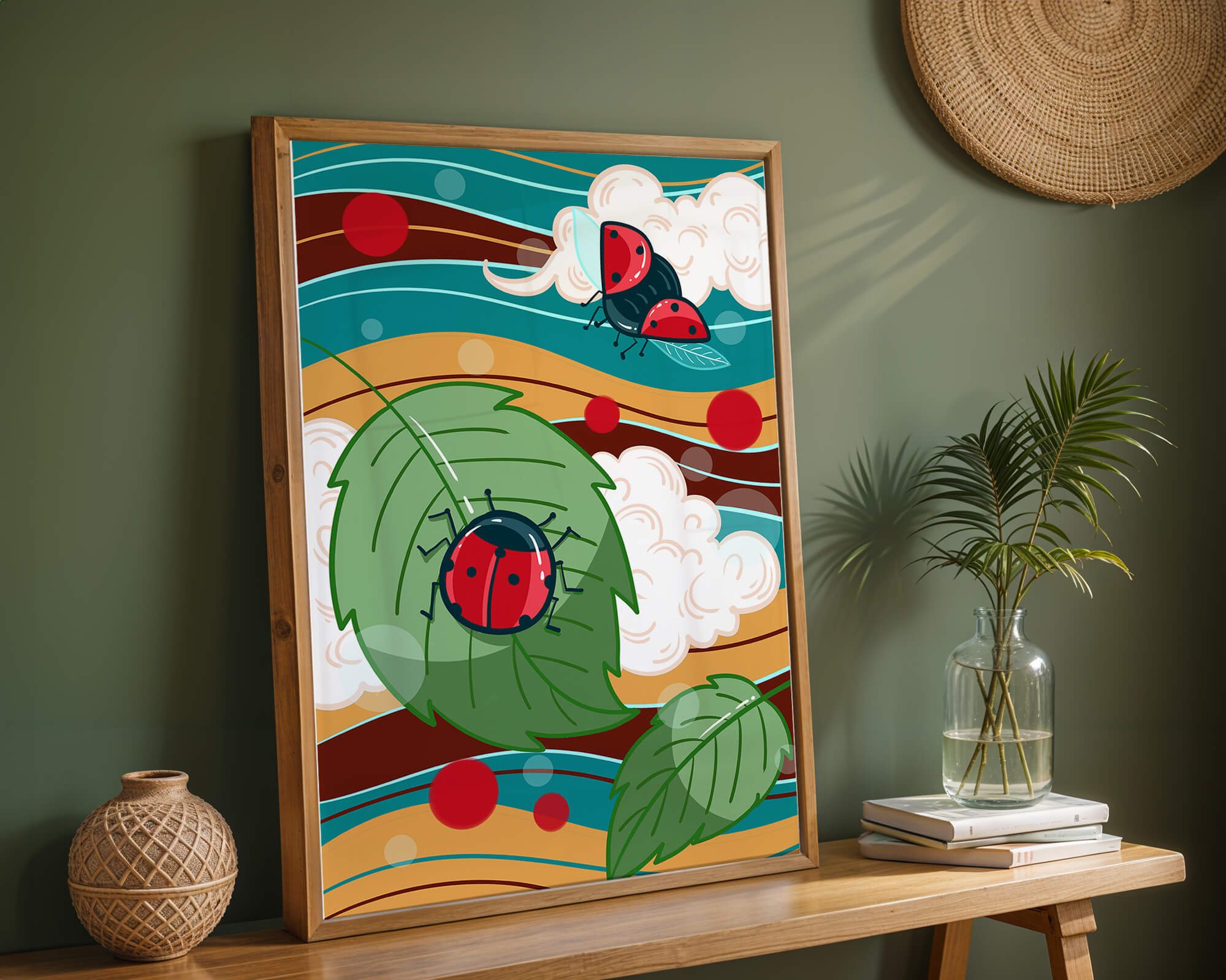 Colorful illustration of ladybugs in a whimsical natural setting
