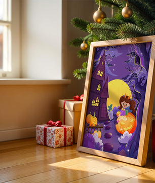 Charming Halloween scene with a girl on a pumpkin near a haunted house