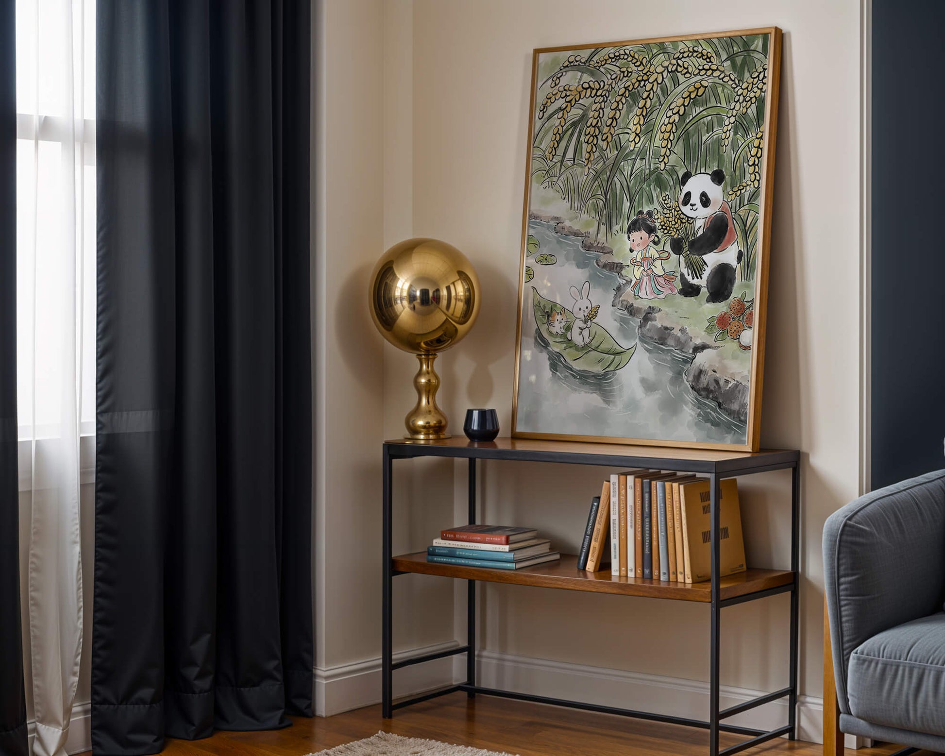 Escena caprichosa con un panda y un conejo junto al río