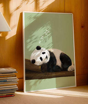 Peaceful panda resting on a log in a serene setting