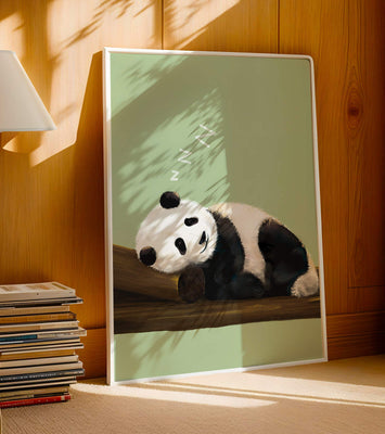 Peaceful panda resting on a log in a serene setting