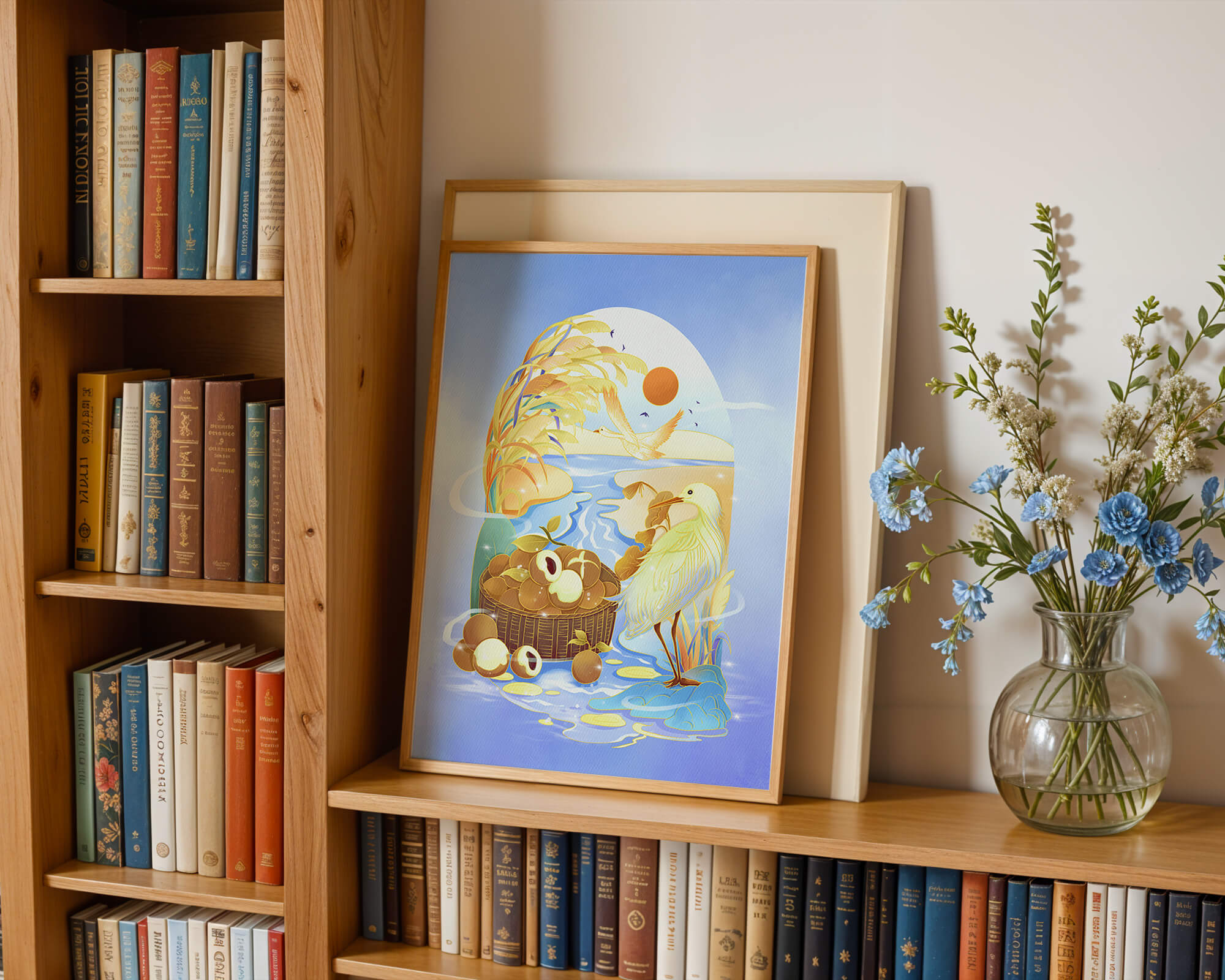 Serene landscape with a bird, fruit basket, and golden reeds under a bright sun