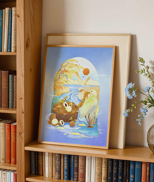 Serene landscape with a bird, fruit basket, and golden reeds under a bright sun